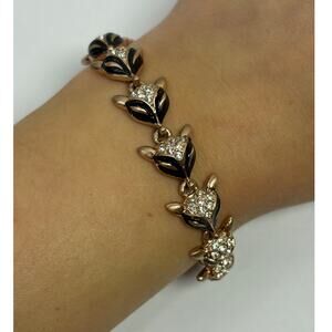 Viennois Gold Tone Fox Enamel Bracelet Black with Clear Stones Lobster Clasp
